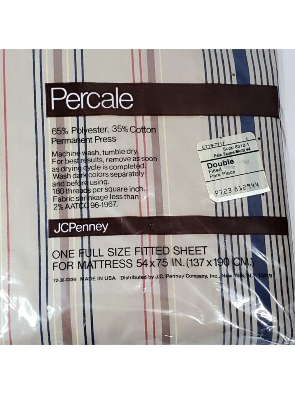 VTG JC Penney Percale Full Size Fitted Sheet Pale Taupe Multi Striped USA - Picture 3 of 8